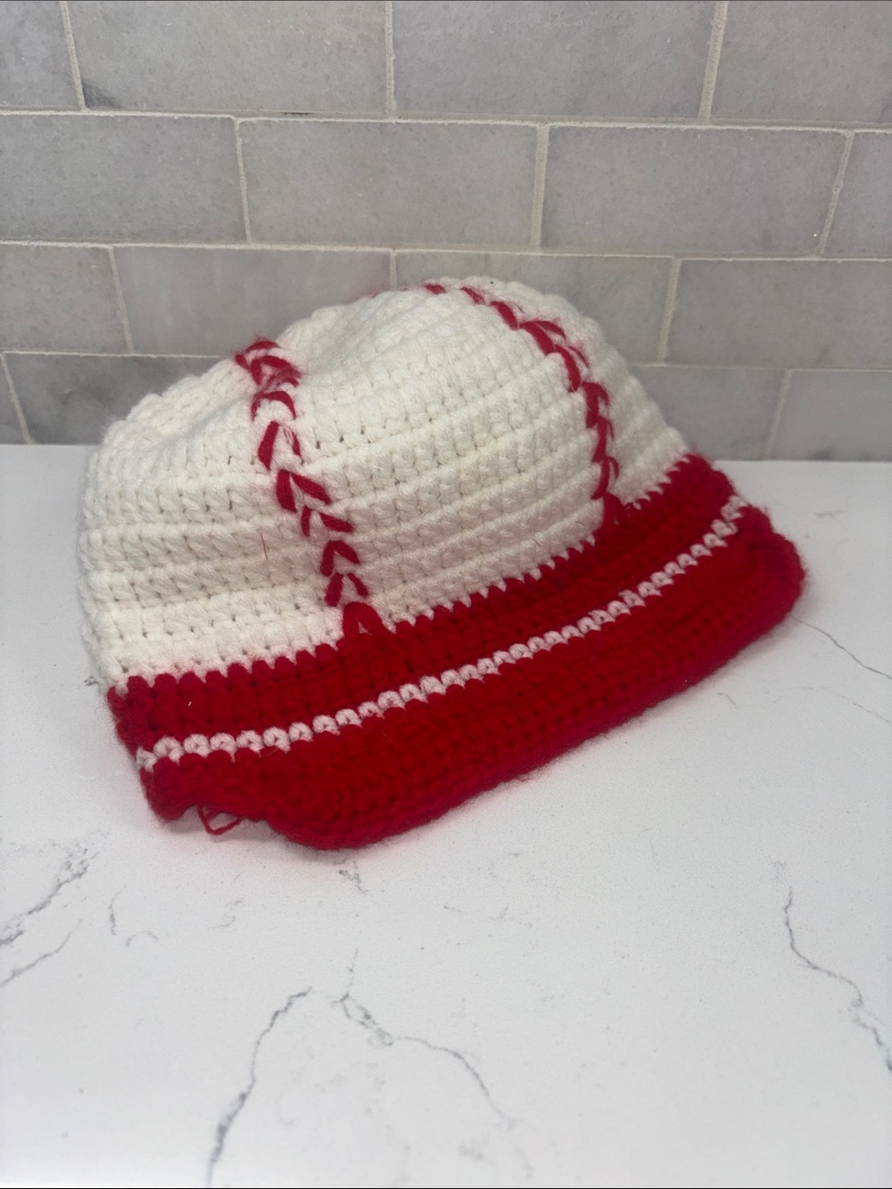 Handmade Crochet Kids Baseball Hat – Red & White